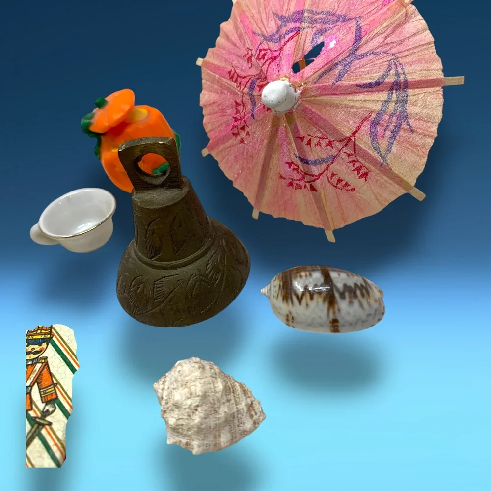 Vintage Assorted Miniatures Lot Bell Shell Tin Litho Souvenir Oddities